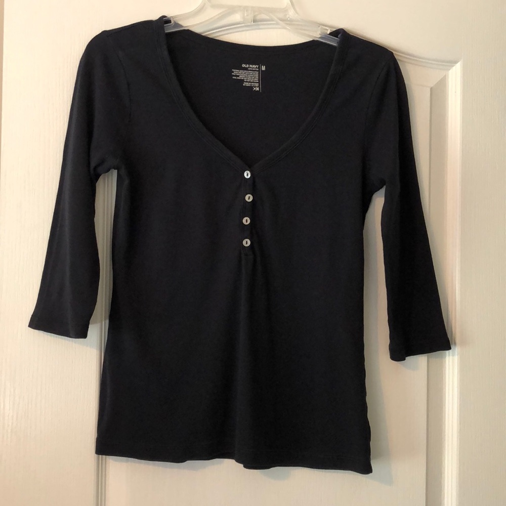 Old Navy Black 3/4 Length Sleeve V-Neck Tee  Size M